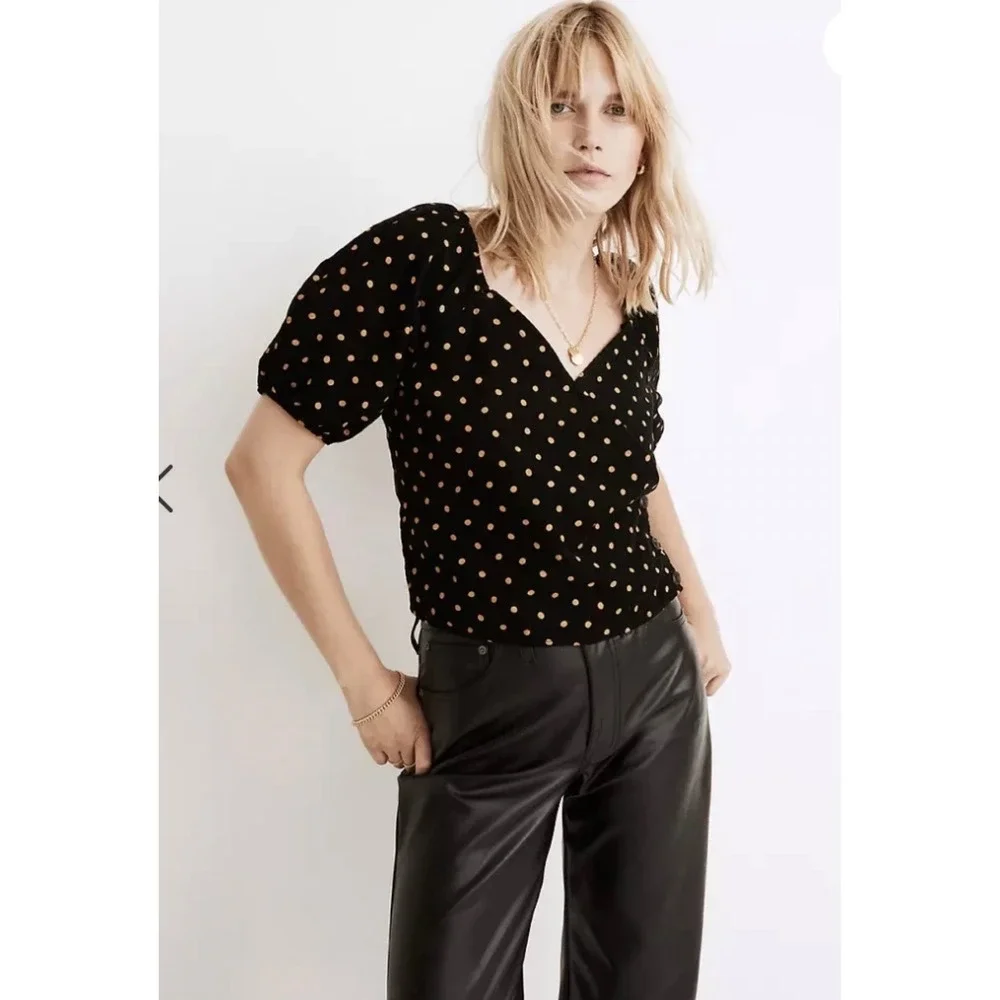 Madewell Wrap Top Womens XS Black‎ Polka Dot Puff Sleeve Corduroy Button Side